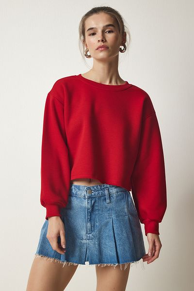 Happiness İstanbul Dámska červená pletená mikina Crew Neck Raised Crop BF00085