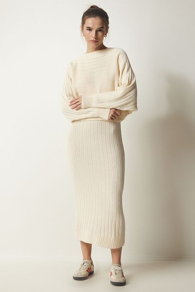 Happiness İstanbul Women's Cream Ribbed Knitwear Sweatshirt Clothes Set CI00095