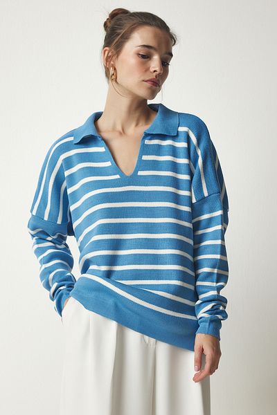 Happiness İstanbul Pulover din tricot crop cu guler polo albastru cer pentru femei US00293