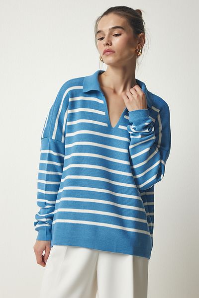 Happiness İstanbul Pulover din tricot crop cu guler polo albastru cer pentru femei US00293