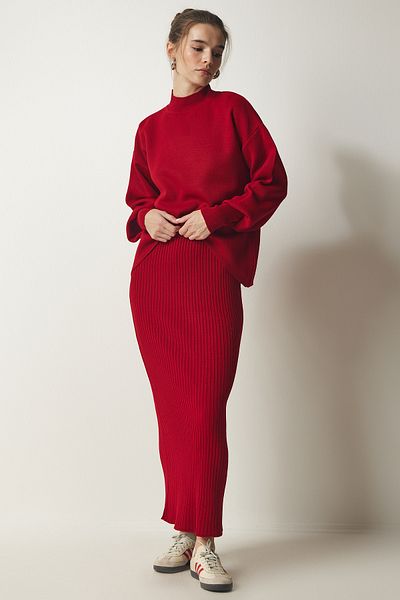 Happiness İstanbul Rotes Sweatshirtkleid aus gerippter Strickware für Damen KG00006
