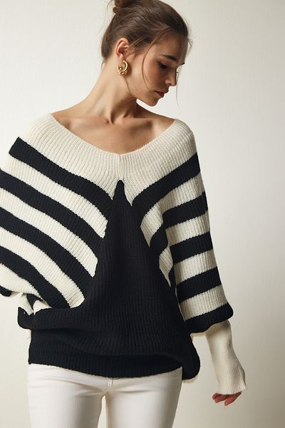 Happiness İstanbul Creme-schwarz gestreifter Strickpullover mit Fledermausärmeln für Damen BV00111