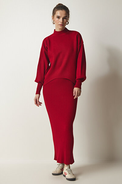 Happiness İstanbul Women's Red Ribbed Knitwear Sweatshirt Dress KG00006