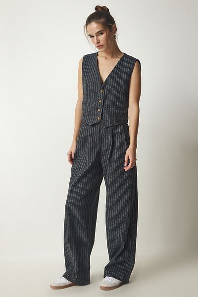 Happiness İstanbul Women's Dark Gray Striped Stamped Vest Trousers Suit DP00195