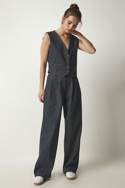 Happiness İstanbul Women's Dark Gray Striped Stamped Vest Trousers Suit DP00195