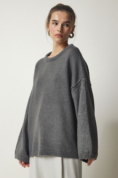 Happiness İstanbul Women's Gray Oversize Basic Knitwear Sweater KB00034