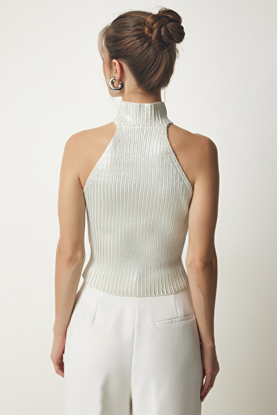Happiness İstanbul Women's Metallic Gray Halter Neck Ribbed Shiny Knitwear Blouse PF00037