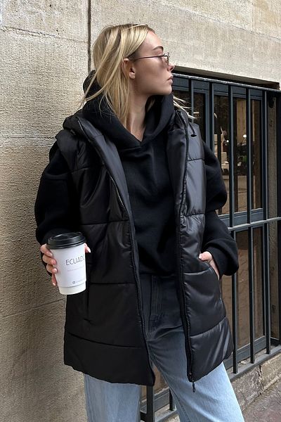 Trend Alaçatı Stili Women's Black Hooded Oversize Puffer Vest with Pocket Detail ALC-X9455