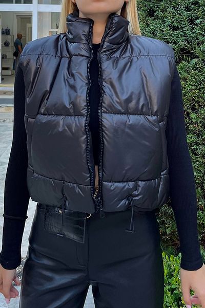 Trend Alaçatı Stili Women's Black Stand Collar Double Pocket Full Filling Puff Waist Adjustable Puff Vest ALC-X7994