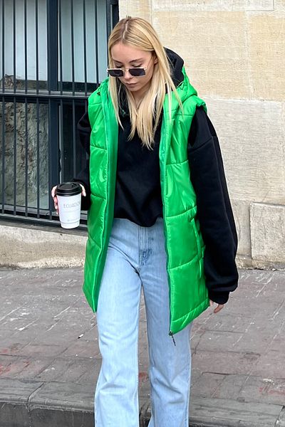 Trend Alaçatı Stili Women's Green Hooded Pocket Detailed Oversize Inflatable Vest ALC-X9455