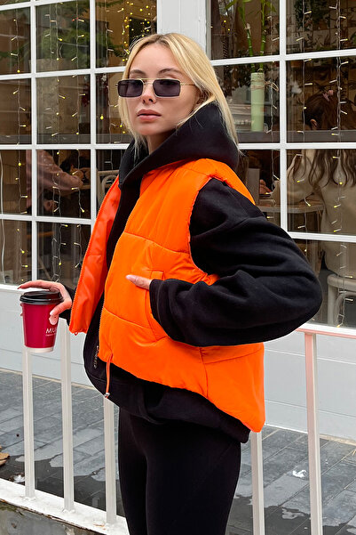 Trend Alaçatı Stili Women's Orange Stand Collar Double Pocket Full Filling Waist Adjustable Puffer Vest ALC-X7994