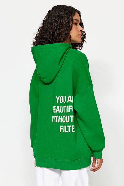 Trendyol Collection Zelená zadní potištěná oversize/široký střih s kapucí, tlustá fleecová pletená mikina TWOAW23SW00904
