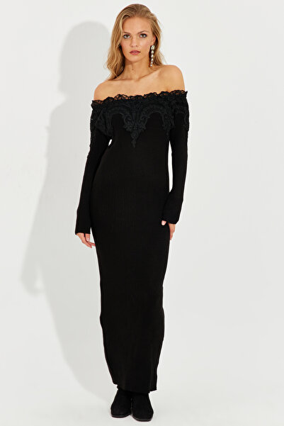 Cool & Sexy Kadın Siyah Dantelli Triko Maxi Elbise KED123