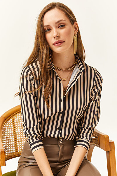 Olalook Kadın Siyah Çizgili Dokuma Gömlek