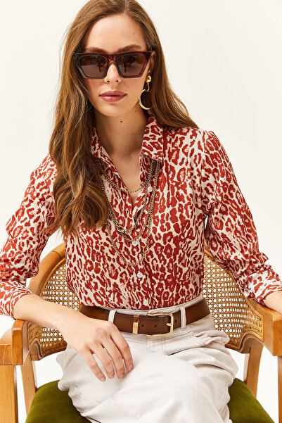Olalook Kadın Kiremit Leopar Dokuma Gömlek