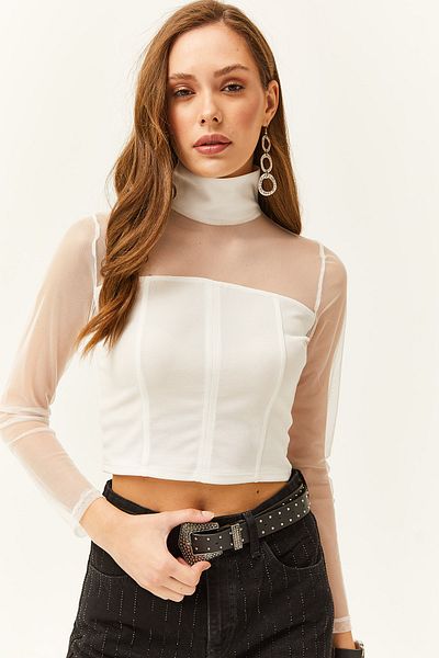 Olalook Γυναικεία λευκή μπλούζα Crop με λεπτομέρεια σταγόνας στην πλάτη