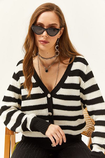Olalook Women's Black Buttoned Striped Knitwear Cardigan