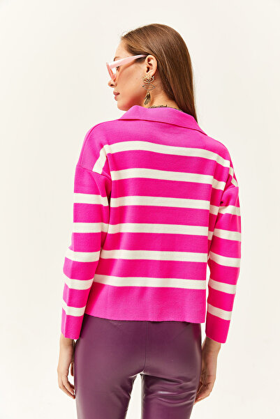 Olalook Kadın Fuşya Polo Yaka Kuş Gözü Detaylı Kalın Triko Kazak