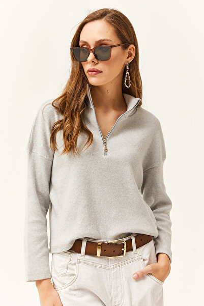 Olalook Women's Light Gray Zippered Stand Collar Raised Sweatshirt