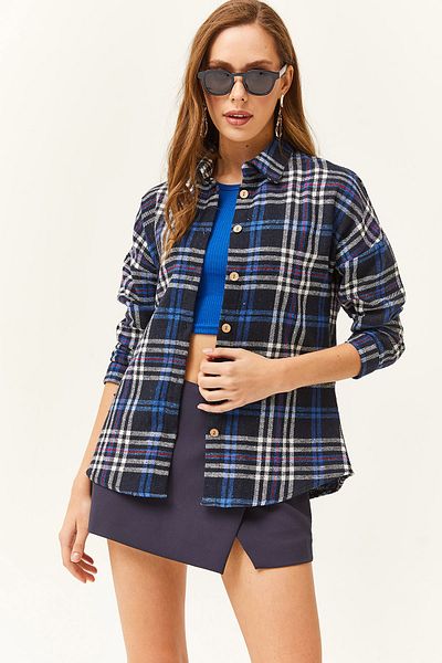 Olalook Women's Black Saks Blue Plaid Lumberjack Shirt