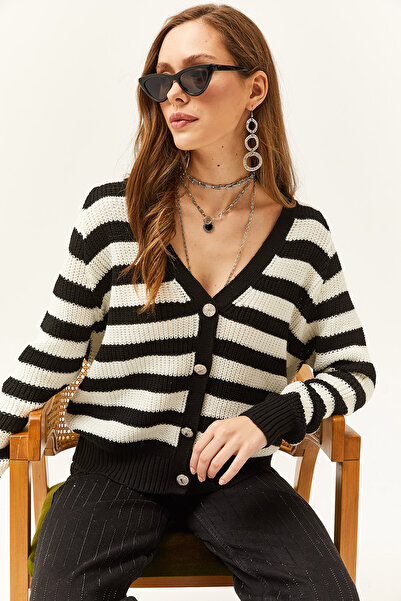 Olalook Women's Black Buttoned Striped Knitwear Cardigan