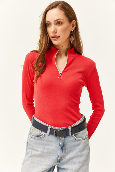 Olalook Damska bluzka z golfem i lycrą w kwiat granatu, zapinana na zamek