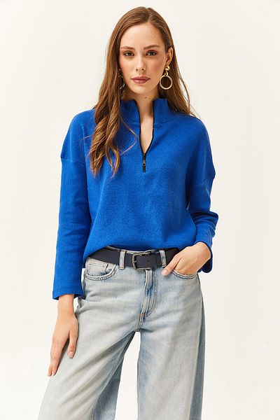 Olalook Woman's Sax Blue Zippered Stand Collar Raised Sweatshirt