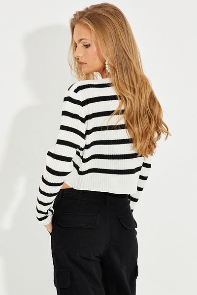 Cool & Sexy Pulover scurt cu dungi alb-negru pentru femei MİW2061