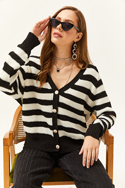 Olalook Women's Black Buttoned Striped Knitwear Cardigan
