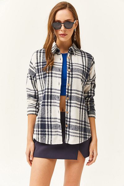 Olalook Dámská kostkovaná dřevorubecká košile Ecru Navy Blue