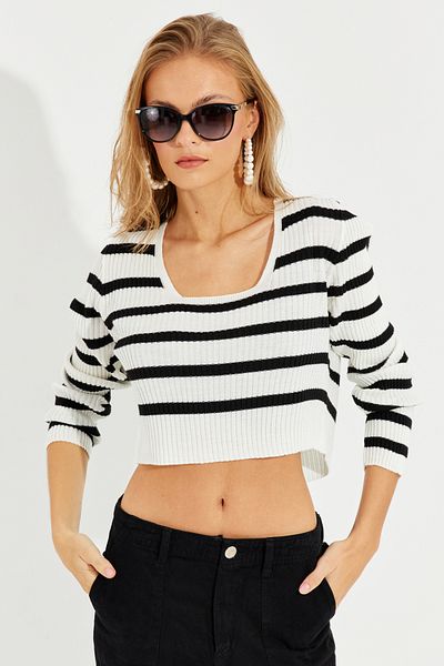 Cool & Sexy Pulover scurt cu dungi alb-negru pentru femei MİW2061