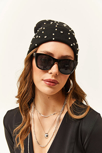 Olalook Kadın Siyah Taşlı Triko Bere