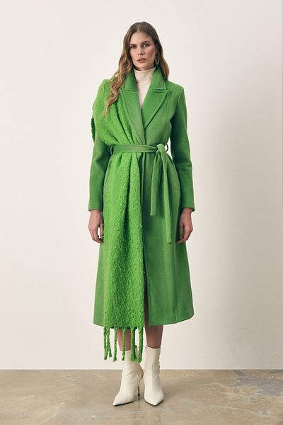 Sateen Belted Long Coat - Green
