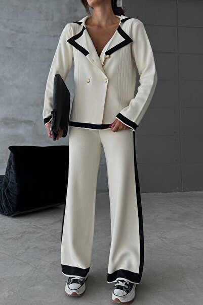 vuvutasarım Жіночий піджак з ґудзиками, комір з трикотажу, кардиган і брюки з високою талією, білий трикотажний комплект 2501
