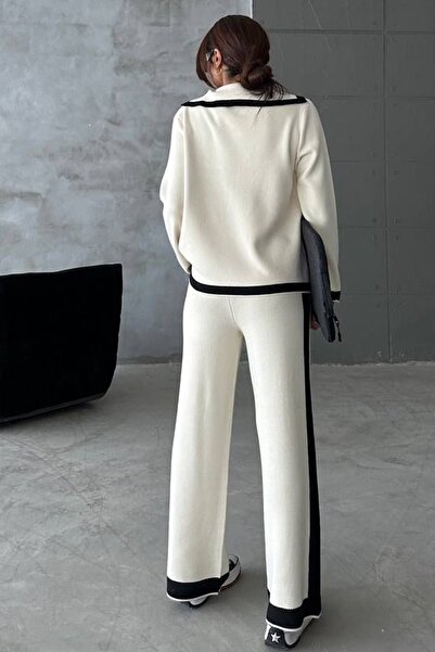 vuvutasarım Жіночий піджак з ґудзиками, комір з трикотажу, кардиган і брюки з високою талією, білий трикотажний комплект 2501