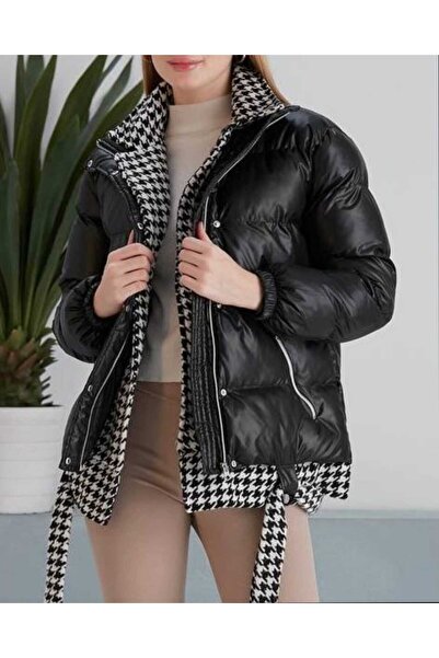 Azra Moda Style Houndstooth Stamp Detail Puffer Jacket Women