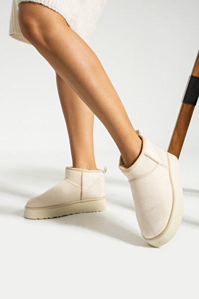 Ayax Bézs velúr szőrme mini napi női csizma