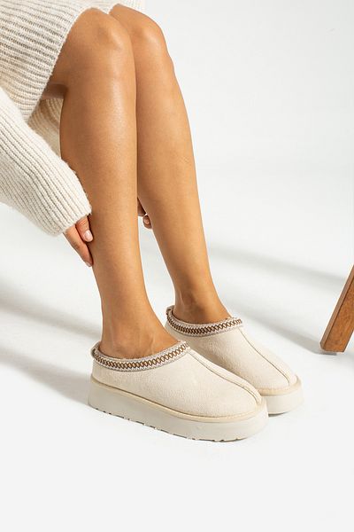 Ayax Γυναικείες Παντόφλες Μπεζ Suede Furry Daily