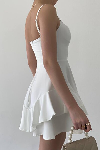 lovebox Kadın İnce Askılı Eteği Kat Detaylı Asimetrik Kesim Beyaz Abiye Elbise Mezuniyet Elbisesi 102