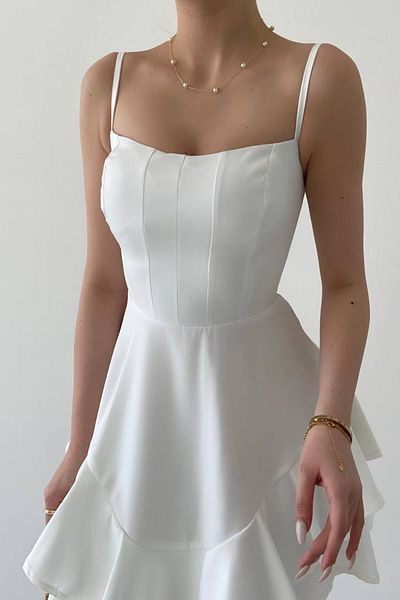 vuvutasarım White Mini Evening Dress - Thin Straps, Floor Detail, Cotton Atlas 102