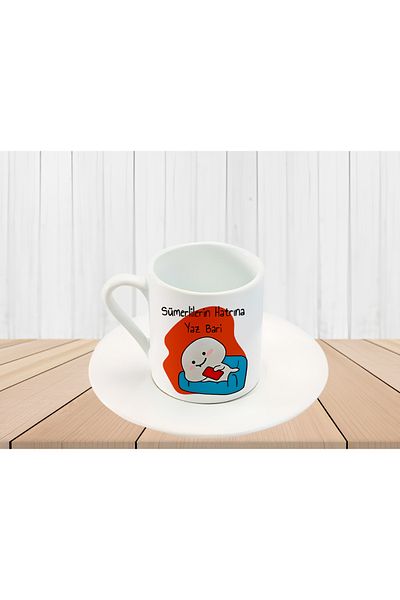 GünayStore MOCHI CAT PRINTED TURKISH COFFEE CUP WITH WRITTEN LET'S SUMMER FOR THE SAKE OF THE SUMERIANS