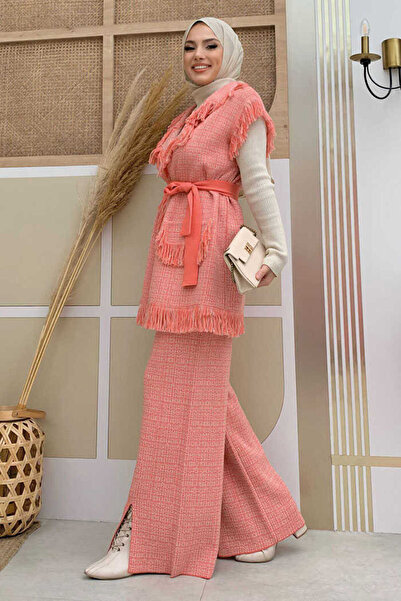 Bym Fashion Bojtos mellény hasított részletek nadrág kötött ruha 22230 gránátalma virág