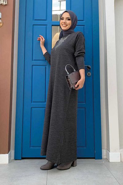 Bym Fashion Πλεκτό Φόρεμα Chest Stone Κεντημένο Λεπτομέρεια 23317 Ανθρακί
