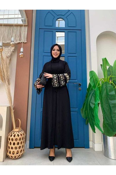 Bym Fashion Arm Embroidered Waist Belted Abaya 7814 Black