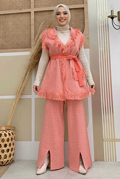 Bym Fashion Bojtos mellény hasított részletek nadrág kötött ruha 22230 gránátalma virág