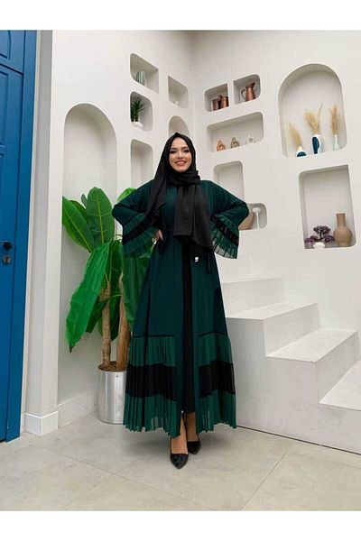 Bym Fashion Μανίκι και φούστα δίχρωμη μέση με πιέτες Abaya 7454 Emerald