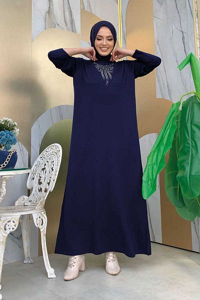 Bym Fashion Πλεκτό Φόρεμα Chest Stoned Κεντητό Λεπτομέρεια 23317 Navy Blue