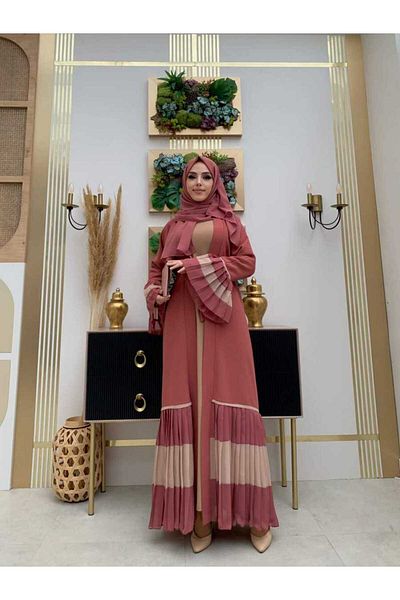 Bym Fashion Μανίκι και φούστα δίχρωμη μέση με πλισέ Abaya 7454 ξηρό τριαντάφυλλο