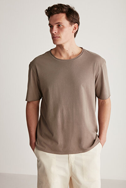 GRIMELANGE Ανδρικό μπλουζάκι με ανοιχτό γιακά Davınson, 100% βαμβακερό καφέ