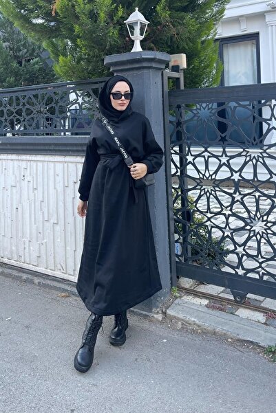 Şule Giyim Üç Iplik Kapşonlu Elbise Siyah